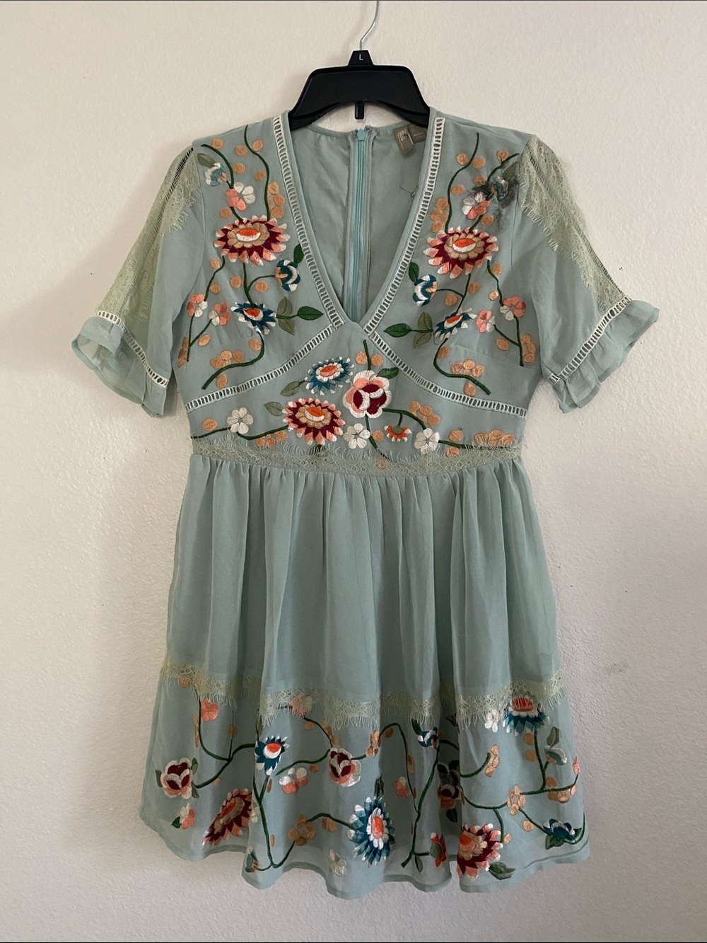 ASOS Embroidered Floral V-Neck Mini Dress in Sage Green. Size 12 - Picture 2 of 11